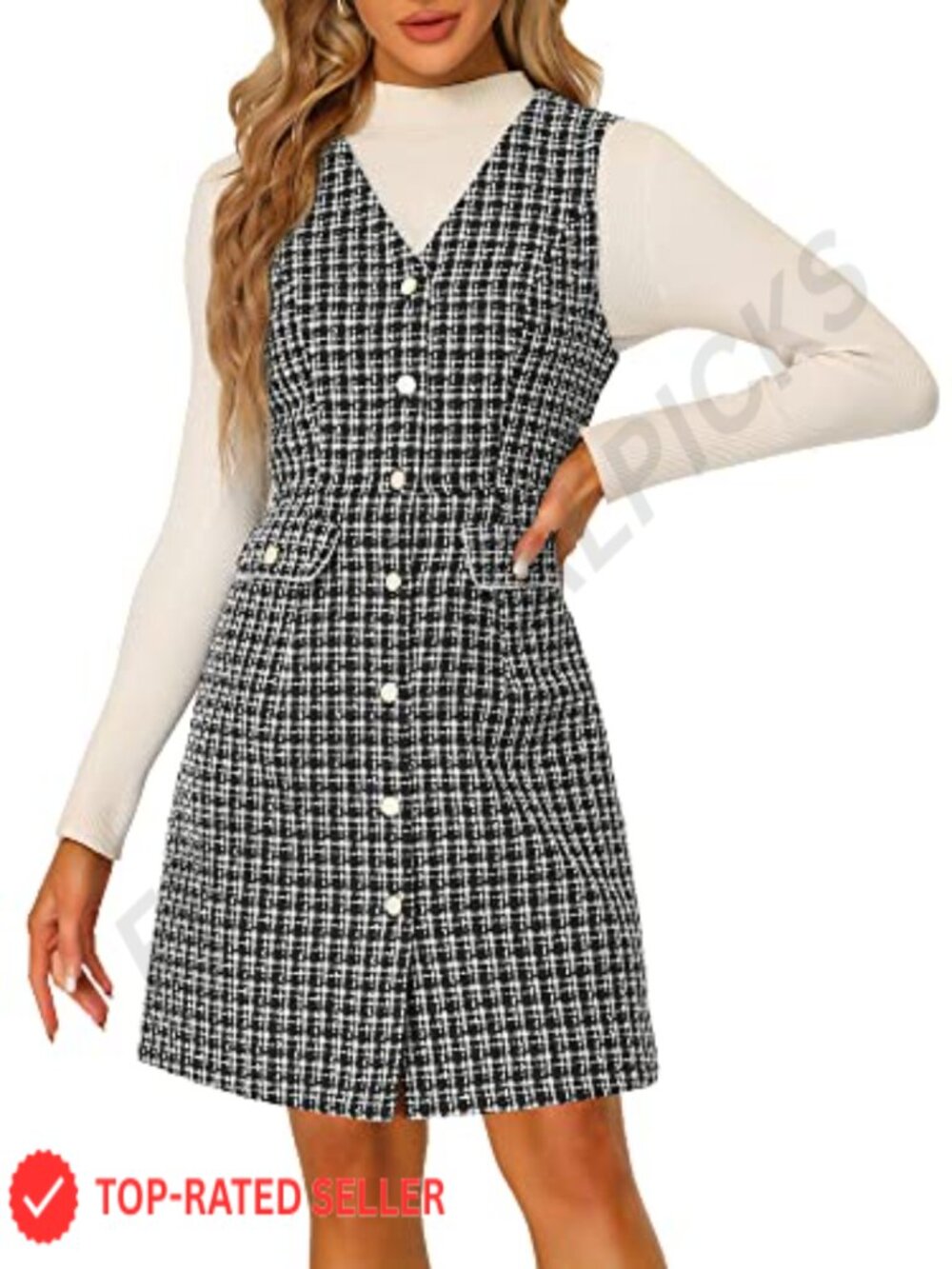 Vintage V Neck Sleeveless Plaid Tweed Pinafore Mini Dress